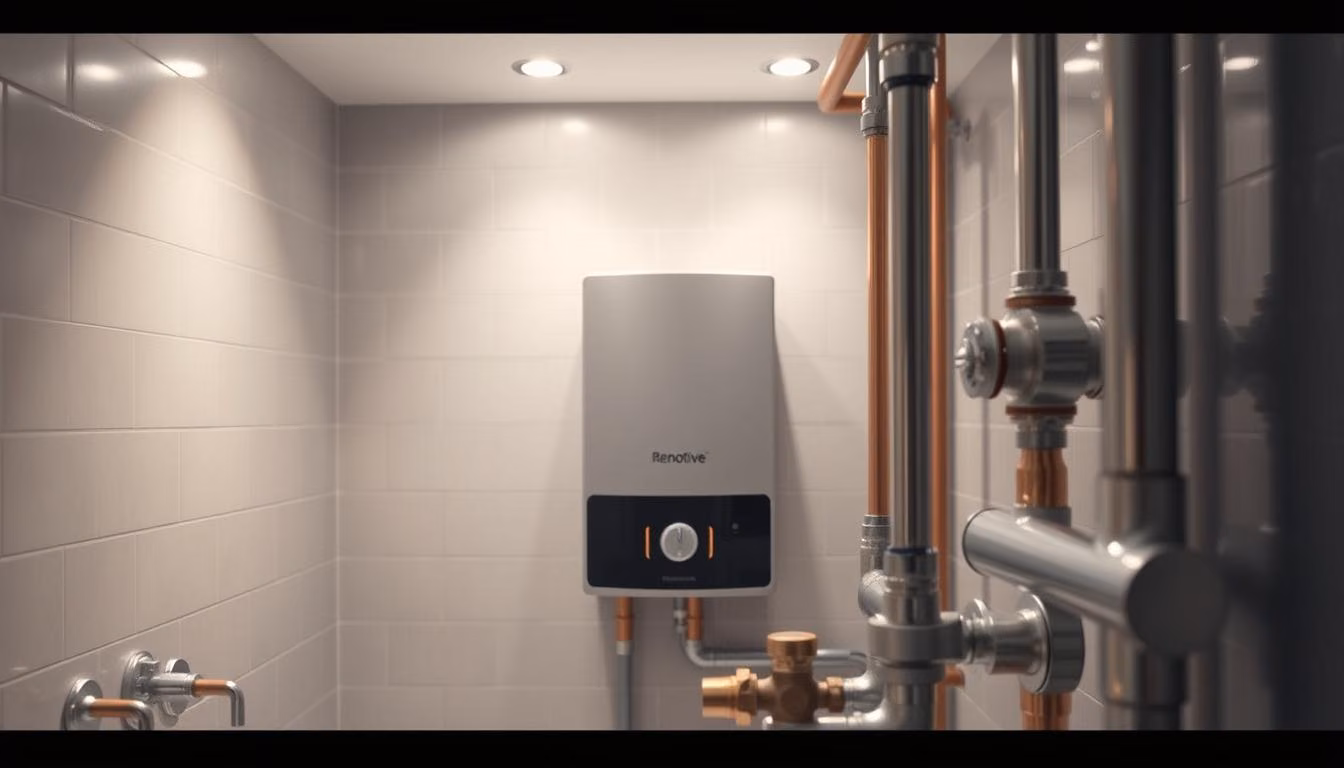 A bathroom interior showcasing the intricate plumbing system.