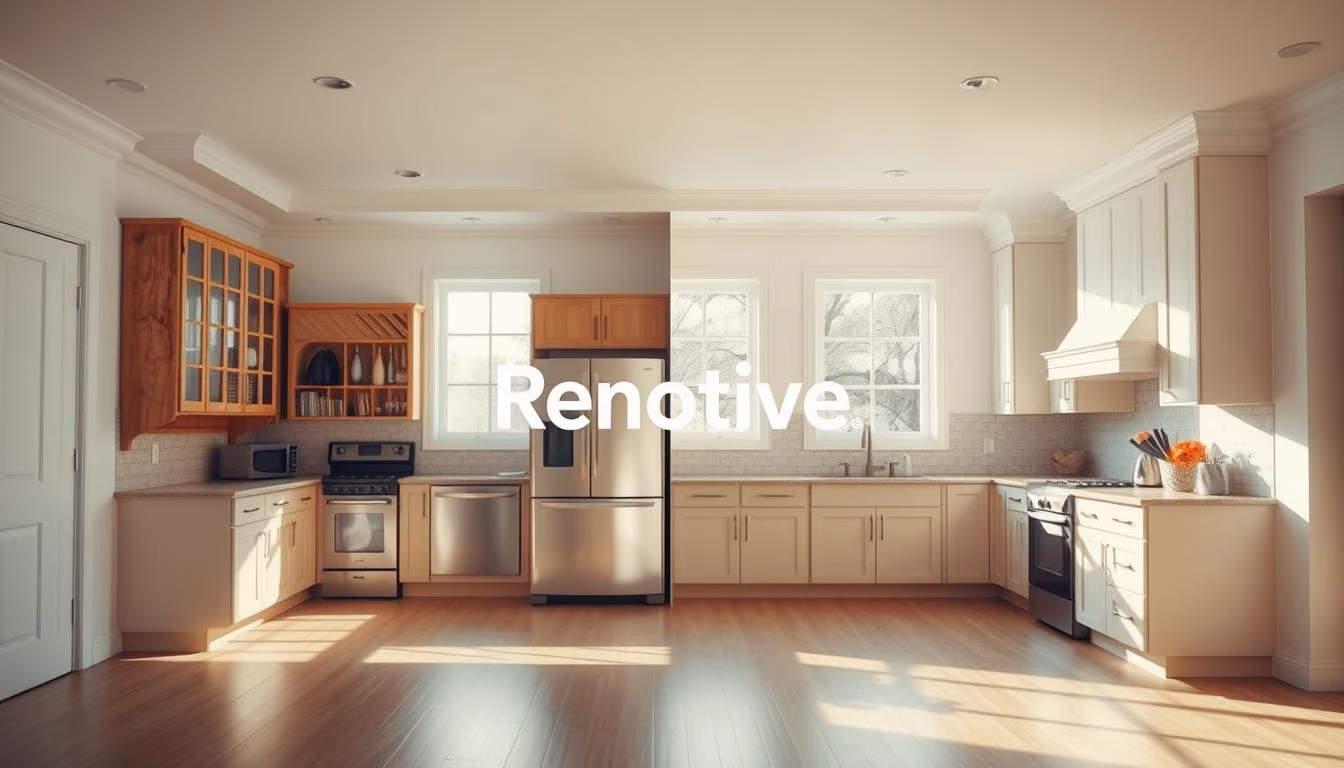 A modern, well-lit interior with a central split-screen effect. In the left frame, a worn kitchen with outdated cabinets and appliances, representing "Renovate".