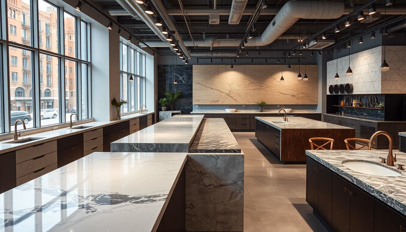Image of a New York showroom displaying various soapstone countertops