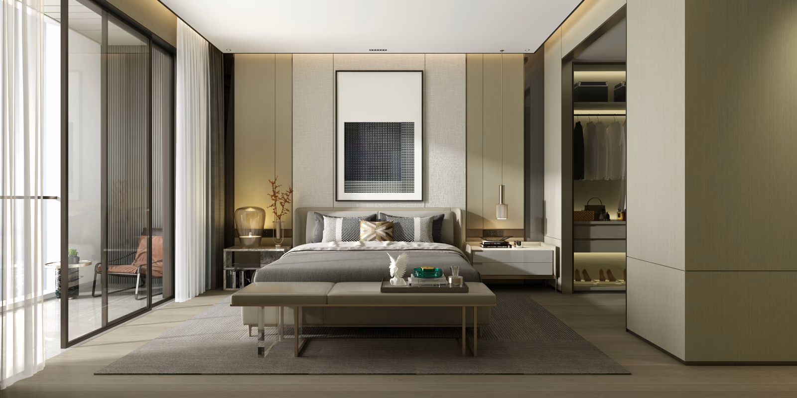 A serene and transformed bedroom, bathed in warm, soft lighting.