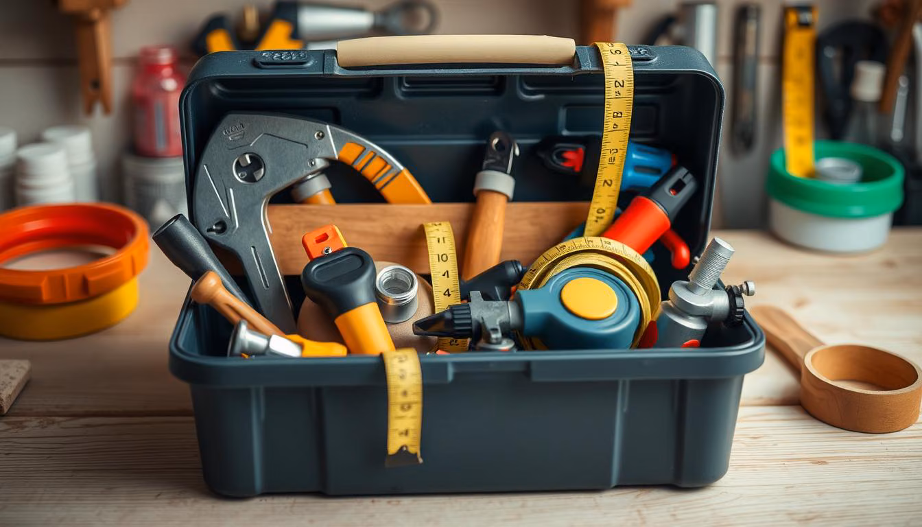 Generate an image of a well-organized toolbox with essential bathroom remodel tools.