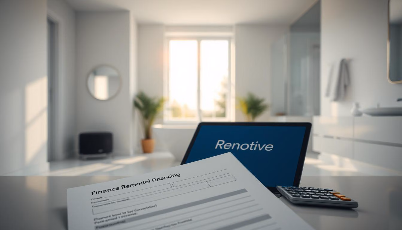 A modern, well-lit bathroom interior with clean lines and minimalist design. In the foreground, a Renotive logo is prominently displayed on a finance application form, representing the bathroom remodel financing process. The middle ground features a laptop and calculator, symbolizing the research and calculations involved. In the background, a window overlooking a serene outdoor scene creates a calming ambiance. The overall lighting is bright and natural, enhancing the sense of openness and clarity. The composition conveys a streamlined, professional approach to financing a bathroom renovation.
