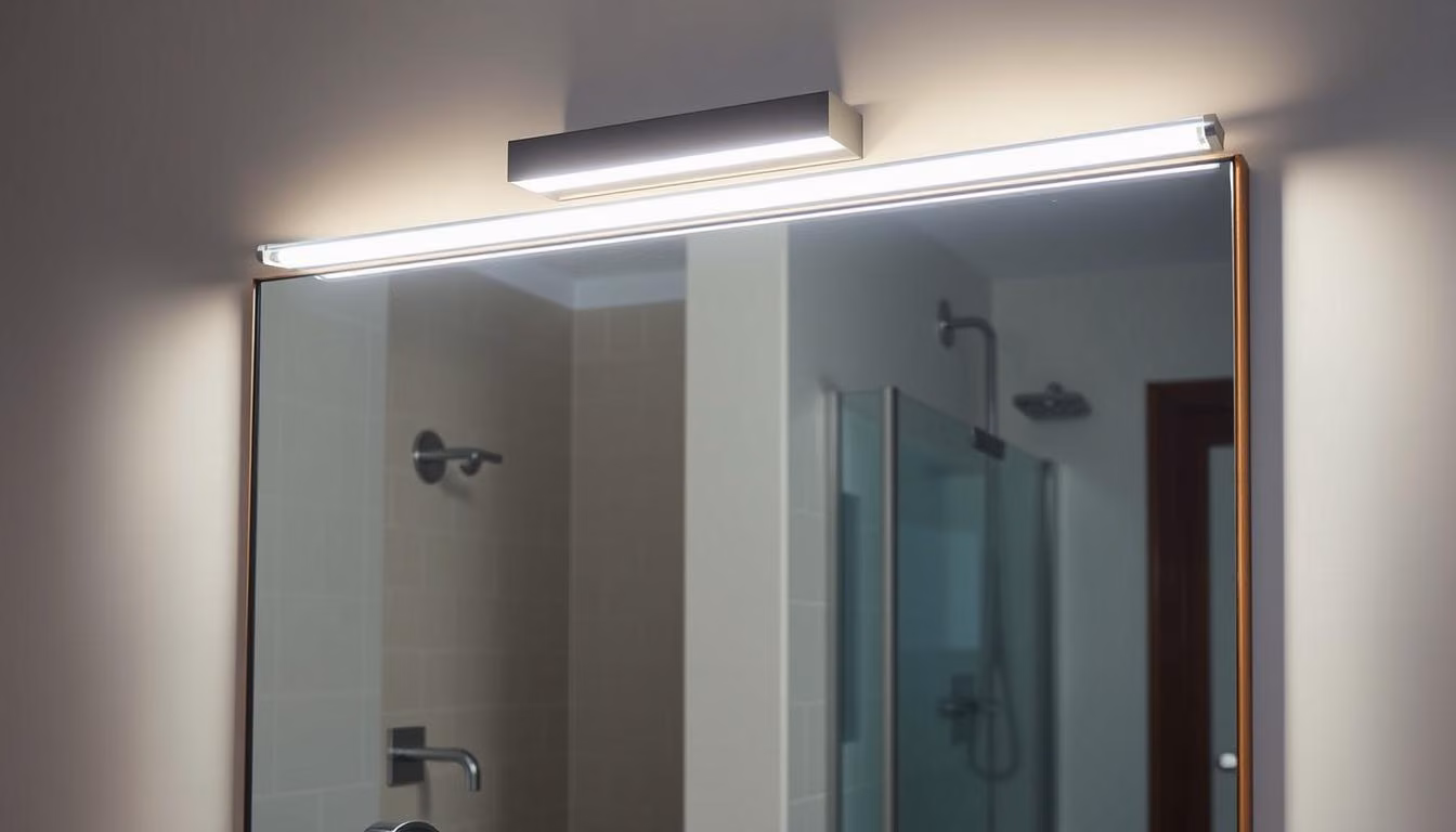 A well-lit vanity mirror with Renotive's modern LED vanity lights, mounted on a chic wooden frame.